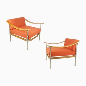 Set of Teak, Metal and Coral Fabric Armchairs, 1960s