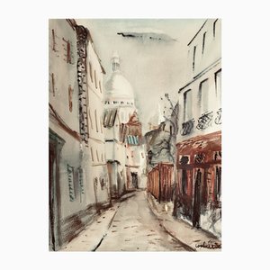 Luigi Corbellini, Rue Norvin et vue sur la Basilique du Sacré Coeur, Montmartre, Acquarello su carta, Con cornice