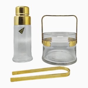 Cocktail Shaker with Ice Bucket & Tongs in Gold Plate 24k and Crystal from Dorval, Italy, 1970s, Set of 3