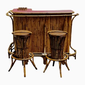 Mobile Bar in Rattan and Bamboo with Rattan Stools by Tito Agnoli, Italy, 1960s, Set of 3