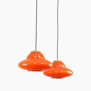 Mid-Century Italian Orange Glass & Brass Saucer Pendant Lamps, Set of 2