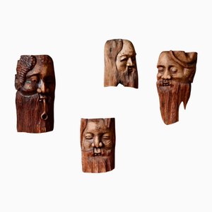 Large Italian Carved Wooden Masks, Set of 4