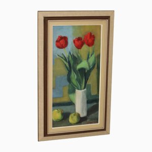 Hugo Olsson, Natura morta con tulipani, anni '70, Olio su tavola, con cornice