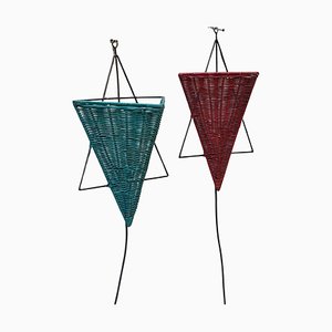 Mid-Century Wall Sconces in Iron and Rattan, 1960s, Set of 2
