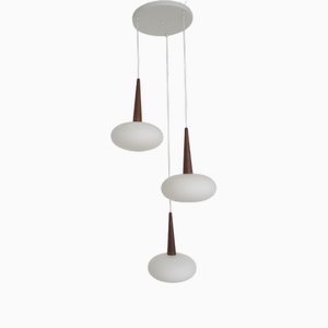 Lampade a sospensione in vetro lattimo e teak di Louis Kalff per Philips, anni '60, set di 3