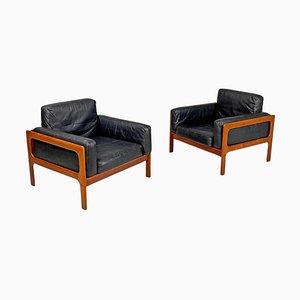Set of Mid-Century Modern Danish Wood and Black Leather Chairs, 1960s