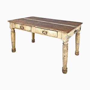Antique Italian White Painted Wooden Dining Table with Two Drawers, 1800s