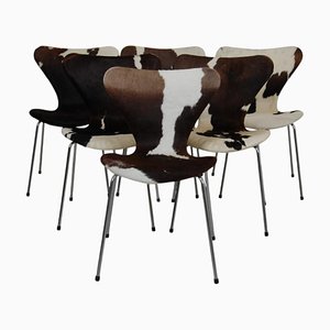 Sillas Seven de cuero de vaca de Arne Jacobsen, años 2000. Juego de 6