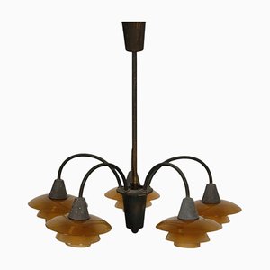 Vintage Chandelier in Brass with Amber Glass Shades by Poul Henningsen for Louis Poulsen, 1940s