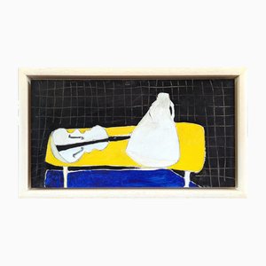 Blanco, amarillo, azul, negro, años 50, óleo a bordo, enmarcado