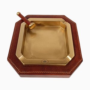 Italian Cigar Ashtray in Brass and Cognac Leather by The Bridge, 1990s