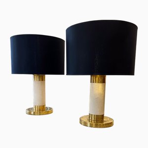 Lámparas de mesa Mid-Century de latón y cuero crema, años 70. Juego de 2