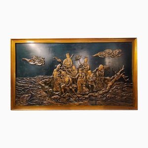 Chinese Artist, Large Lacquered and Carved Bas-Relief, Early 1900s, Carved Wood