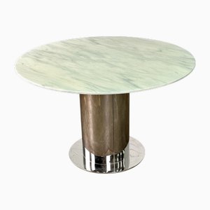 Italian Dining Table with White Marble Top and Chrome Cylindrical Base