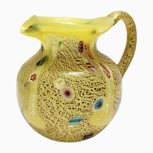 Vintage Yellow Opaline Handblown Glass Jug with Murrines and Silver Flakes, 1980s