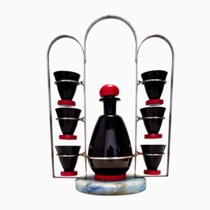 Vintage Black and Red Glass Liqueur Drinking Set by Moretti & Nason for Nasonmoretti, 1930s, Set of 7