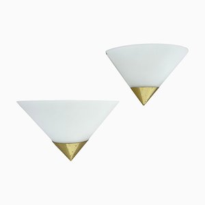 Vintage Brass and Satin Glass Wall Lights from Glashütte Limburg, 1970s, Set of 2