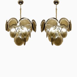 Smoked Glass Disc Chrome Chandeliers from Vistosi, Italy, 1970s, Set of 2