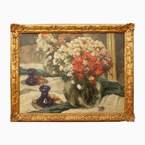 Flowers in Front Mirror, Painting on Canvas, 1800s, Framed