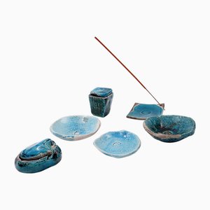 Turquoise Decorative Ceramics by N. Lebrun for Fond d'Atelier, Belgium, 1970s, Set of 6