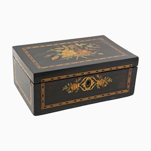 19th Century Jewelry Box with Floral Inlay Works & Original Mirror, 1890s