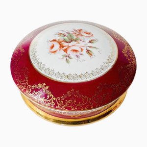 Vintage Ruby ​​Red Bonbonnière with Gold Leaf Flowers from Limoges, 1970s