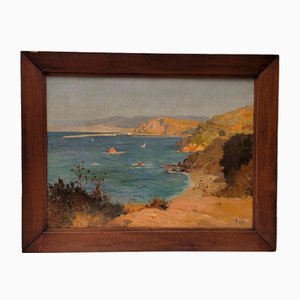 Rene Charles Edmond His, Blick auf die Küste von Villefranche, 1903, Öl auf Karton, gerahmt