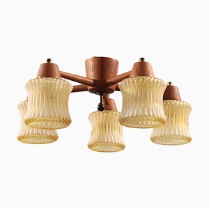 5-Armed Ceiling Lamp in Glass, Teak and Brass, 1960s