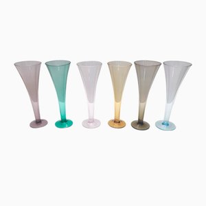 Vintage Colored Hand-Blown Murano Glass Flutes, Italy, 1950s, Set of 6