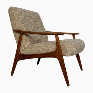 Vintage Minimalistic Teak and Beige Bouclé Armchair, 1960s