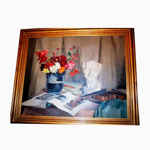 Reine Virely, Bodegón de flores con escultura y violín, óleo sobre tabla, 1937