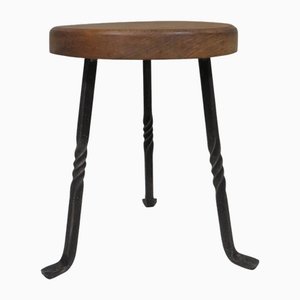 3-Legged Stool with Thick Oak Seat and Wrought Iron Base, France, 1960s