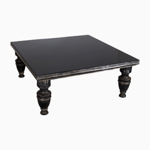 Square Patinated Wooden Coffee Table with Black Glass Top, Italy, Late 20th Century