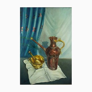 Giovanni Zancolo, Nature Morte Post Impressionniste avec Verseur en Cuivre et Mortier et Pilon en Laiton, 1970s, Huile sur Toile