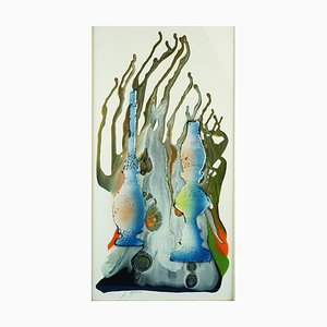 Luis Guevara Moreno, Abstract-Surrealist Oil Lamps, Mixed Media Painting, 1970s