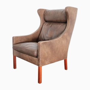 Fauteuil à Oreilles Modèle 2204 Mid-Century en Cuir Patiné par Borge Mogensen pour Fredericia, Danemark, 1960s