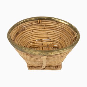 Mid-Century Schale aus Rattan, Korbgeflecht & Messing, Italien, 1970er