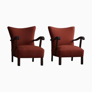 Set of Mid-Century Modern Danish Lounge Chairs in Rust Red Linen, 1960s