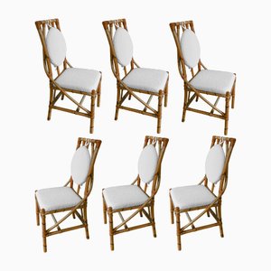 Bamboo Chairs with Natural Finish with Bouclé Fabric Cushions, 1970s, Set of 6