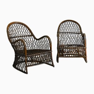 Set of Dark-Finish Curved and Woven Bamboo Armchairs attributed to Gervasoni, 1970s