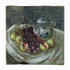 Renato Criscuolo, Figs and Grapes, Original Oil Painting on Canvas