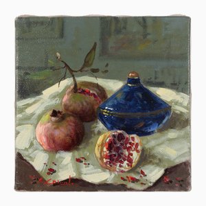 Renato Criscuolo, Blue Glass and Pomegranate Still Life, Oil on Canvas