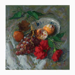 Criscuolo, Red Flowers Still Life, Oil on Canvas