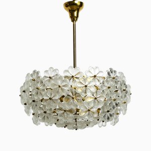 Sehr große schwere Messing Kristallglas Blumen Deckenlampe von Ernst Palme, 1970er