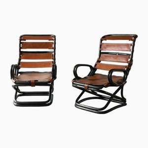 Poltrone in bambù con cinghie in pelle di Tito Agnoli, Italia, anni '60, set di 2