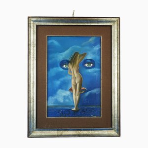 Francesco Massarutto, Femme Nue avec de Grands Yeux et une Bouche dans le Ciel en Bas, 1980s, Huile sur Toile, Encadrée