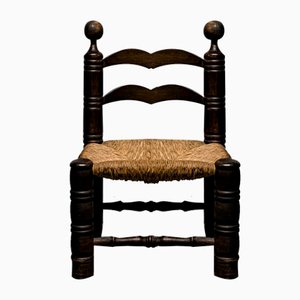 Brutalist Oak and Straw Low Chair in the style of Charles Dudouyt, 1940s