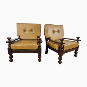 Set of Vintage Armchairs in Wood and Leather, 1980s