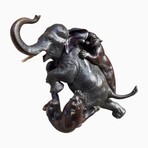 Meiji Okimono Bronze Sculpture of an Elephant Attacked by Tigers, Japan, 1890s