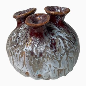 Brutalist Scandinavian Glazed 3-Neck Stoneware Vase, 1970s